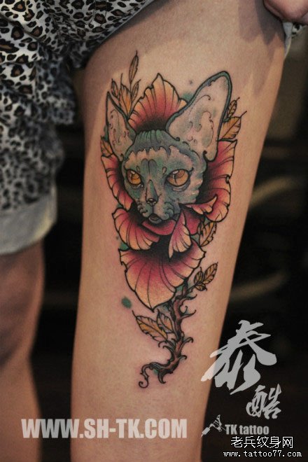 女生腿部时尚很酷的猫咪与花卉纹身图案