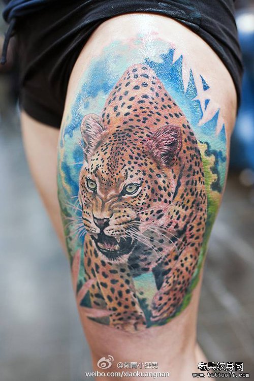 腿部超酷帅气的豹子纹身图案