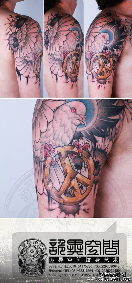 手臂经典很酷的白鸽与反战符号纹身图案
