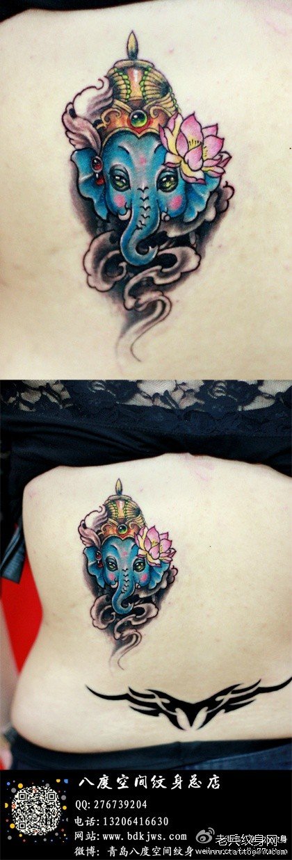 女生后背可爱潮流的小象纹身图案