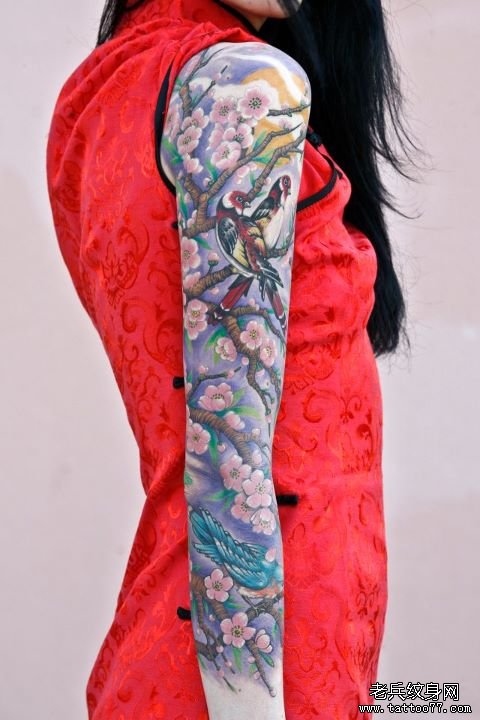 一款美女花臂喜鹊梅花纹身图案_武汉纹身店之