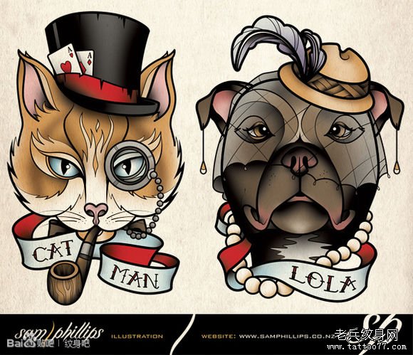 经典潮流的一组猫咪与小狗纹身手稿