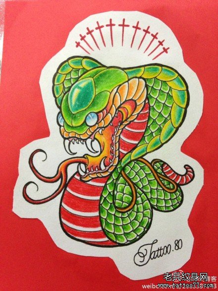 一款精美时尚的彩色小蛇纹身手稿