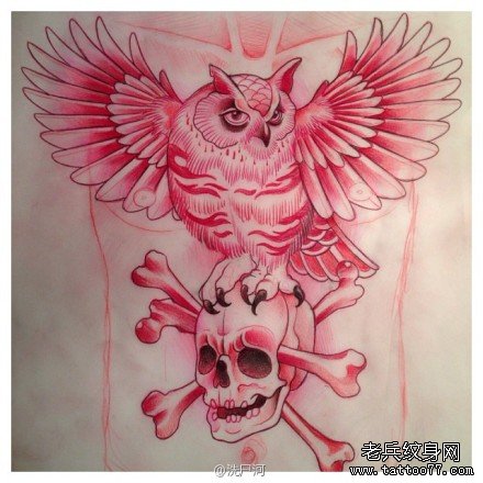 潮流经典的一款猫头鹰骷髅纹身手稿