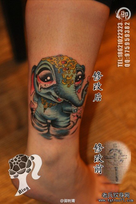 腿部时尚潮流的小象纹身图案
