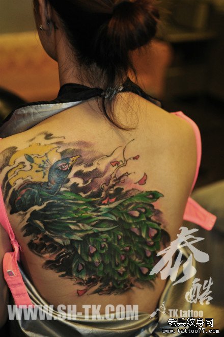 女生后背漂亮的彩色孔雀纹身图案