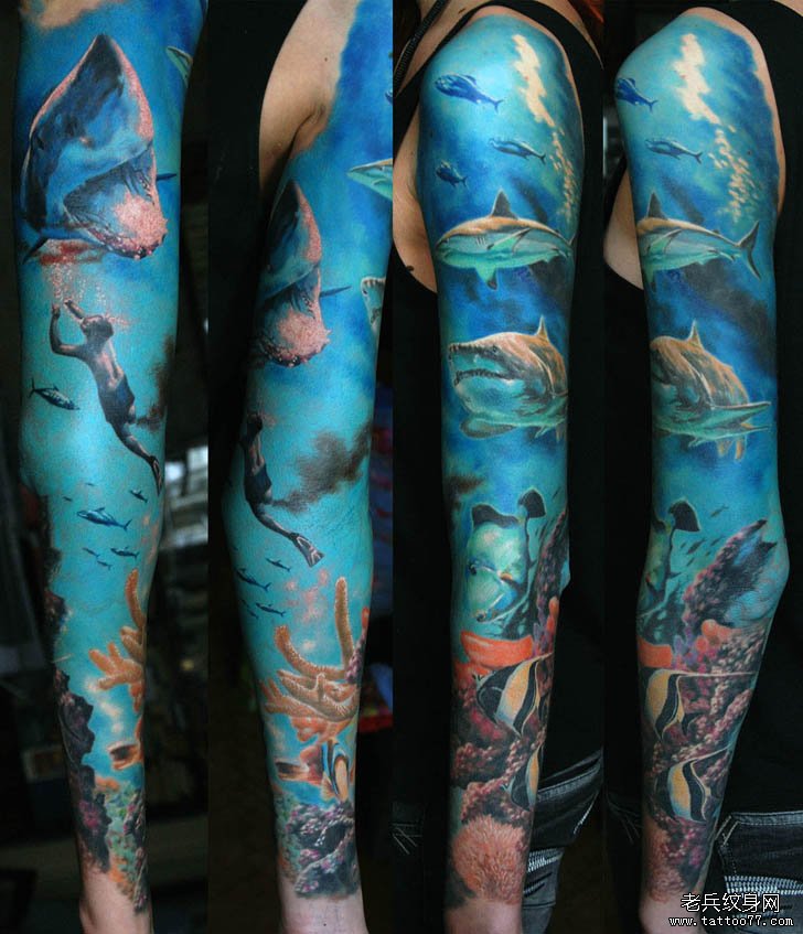 分享一款漂亮的海洋世界花臂纹身图案