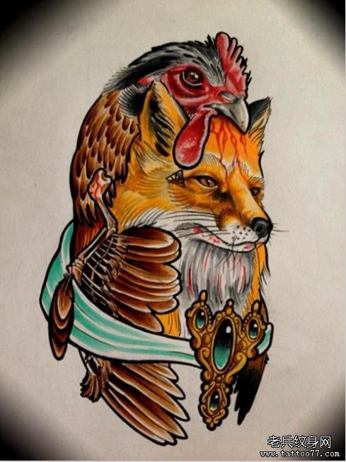 分享一款漂亮的狐狸公鸡纹身图案
