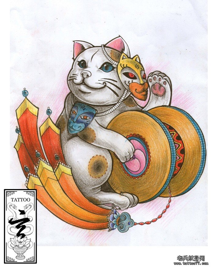 武汉最好的纹身店推荐一款带面具的猫纹身图案