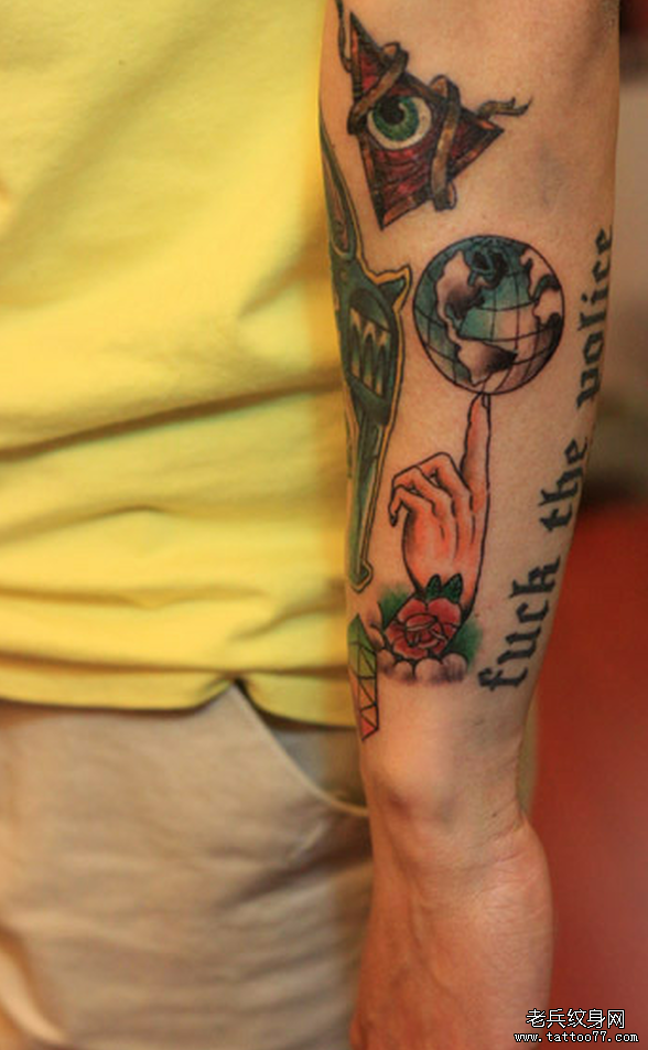 武汉最好的文身店推荐一款手臂地球仪纹身图案