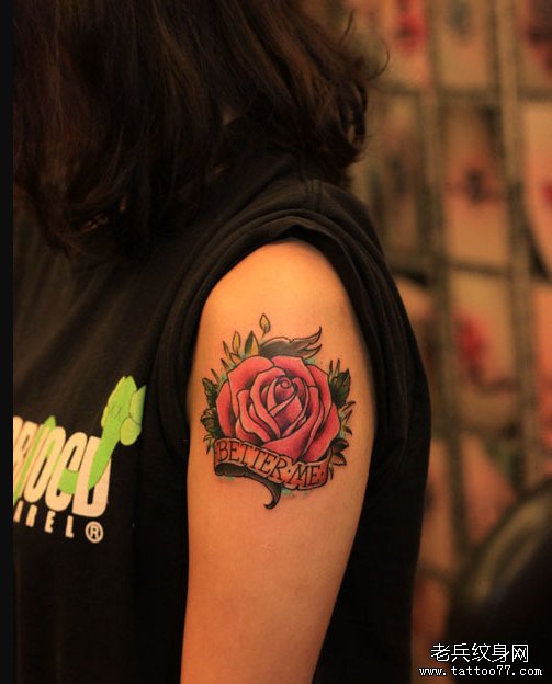武汉刺青店推荐一款手臂玫瑰花文身图案
