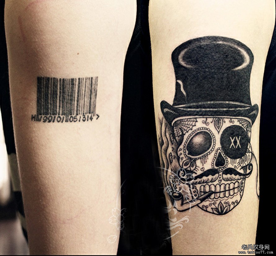 手臂条形码遮盖骷髅纹身图案由武汉纹身网推荐
