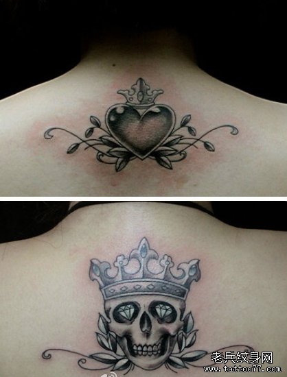 两款肩部骷髅头爱心纹身图案由武汉最好的纹身网推荐