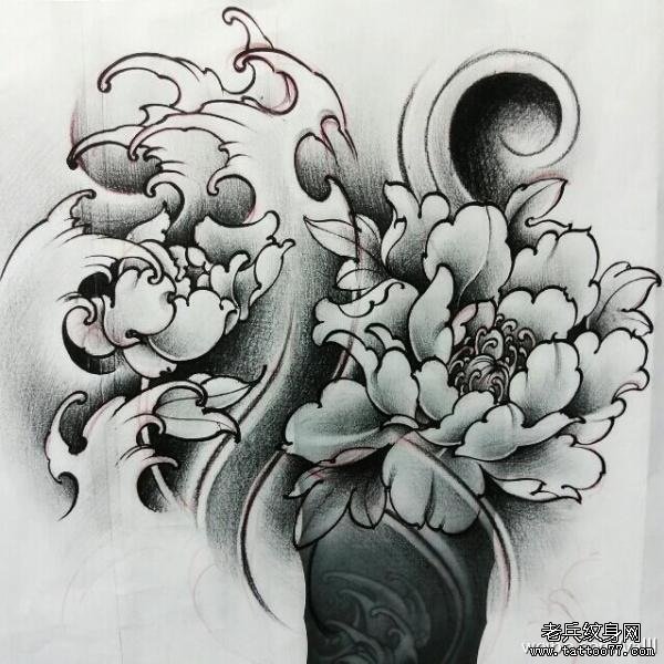 武汉最好的纹身店推荐一款牡丹花纹身手稿图案