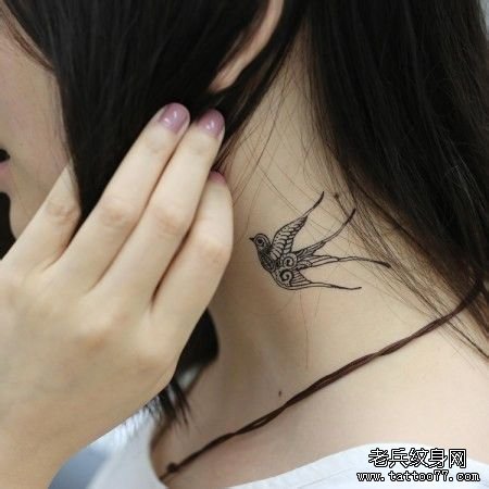 一款女性脖子燕子纹身图案由武汉文身店推荐