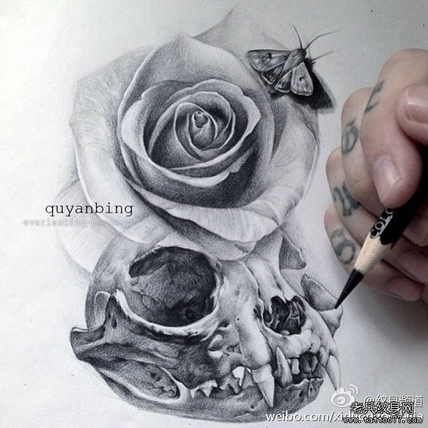 骷髅玫瑰花纹身手稿图案由武汉纹身店推荐_武