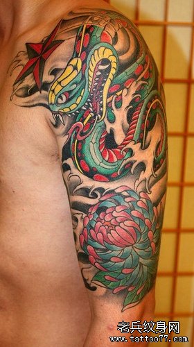 一款半胛彩色蛇菊花纹身图案由武汉纹身店推荐