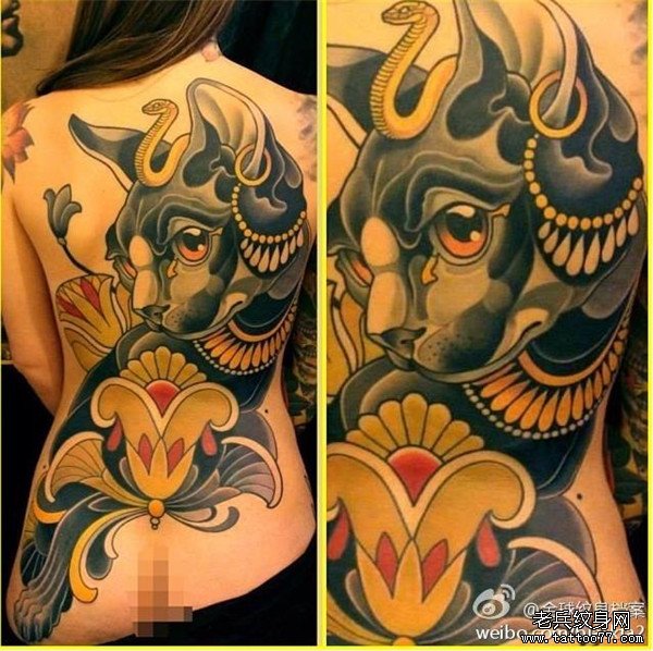 女性满背个性猫纹身图案由武汉纹身店推荐