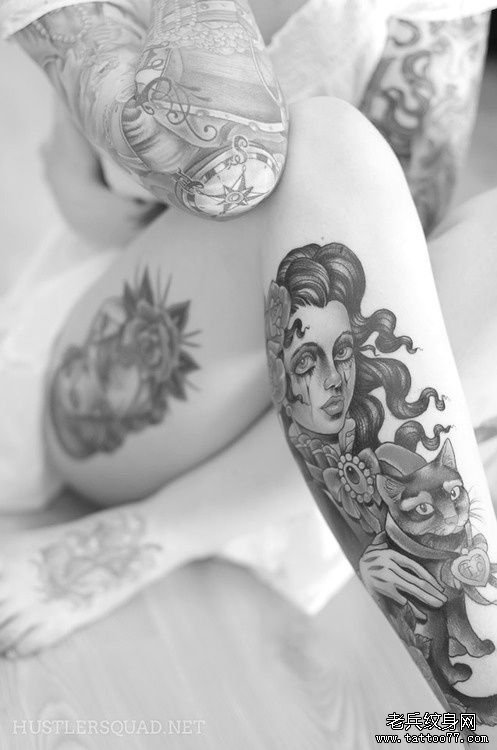 女性腿部肖像纹身图案由武汉最好的刺青店推荐