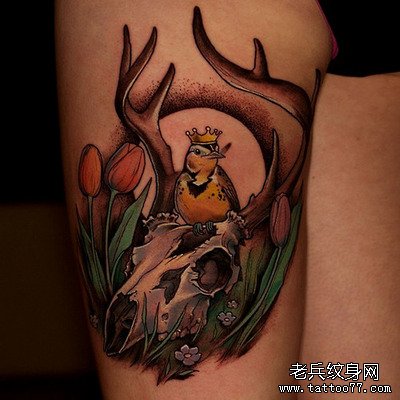 女性彩色腿部羚羊纹身图案由武汉刺青推荐_武