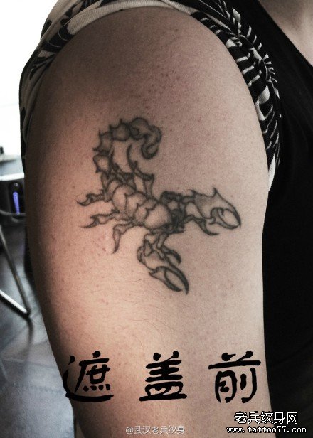 大臂骷髅纹身作品遮盖旧蝎子纹身图案_武汉纹