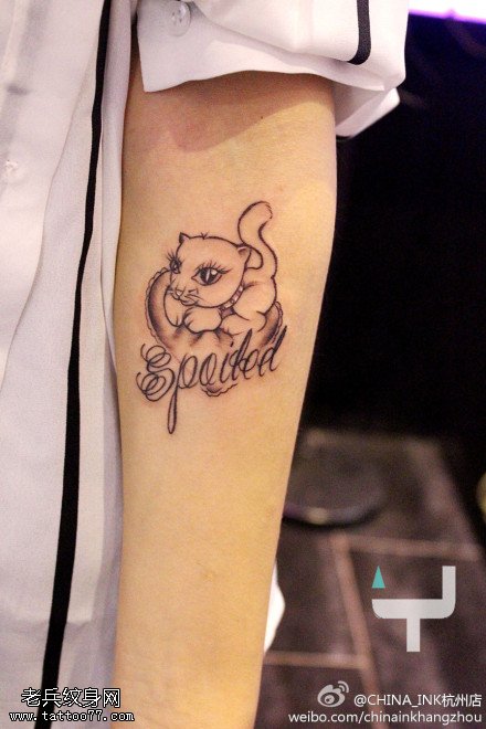 手臂猫咪字母纹身图案由武汉纹身店提供