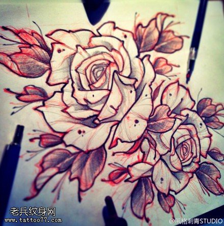 玫瑰花纹身手稿图案由武汉刺青店提供_武汉纹