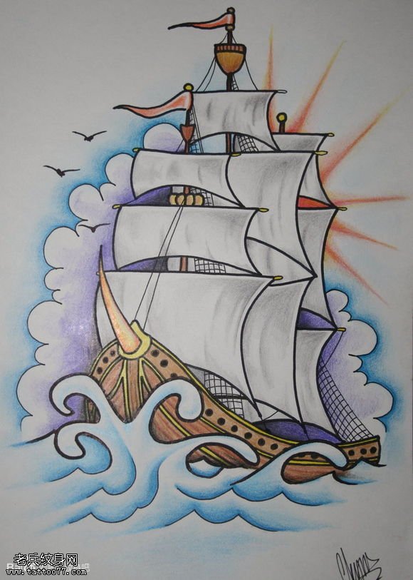 武汉最好的刺青店推荐一款彩色帆船纹身手稿图