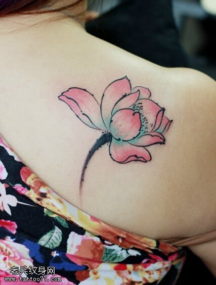 一款女性肩部彩色莲花纹身图案