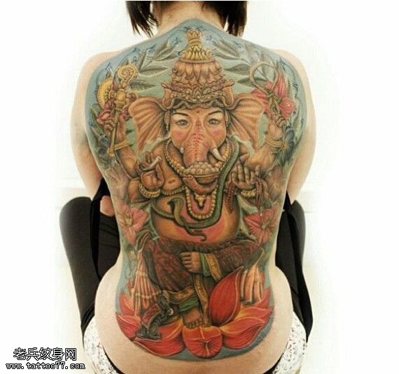 女性满背彩色象神纹身图案