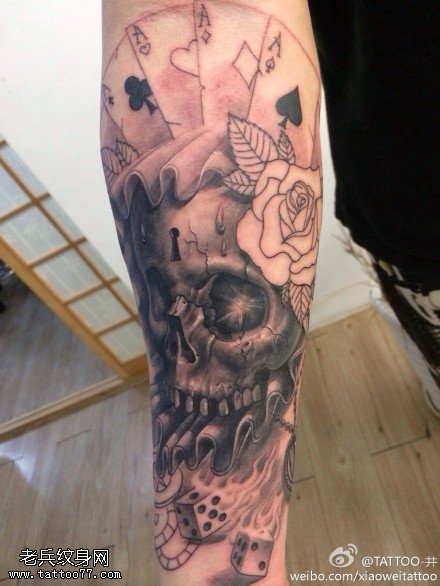 手臂骷髅玫瑰花纹身图案