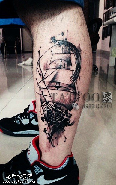 腿部帆船纹身图案