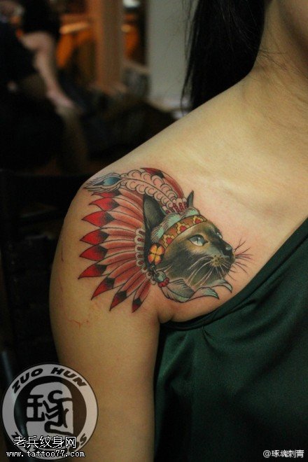 女性肩部彩色猫咪纹身图案