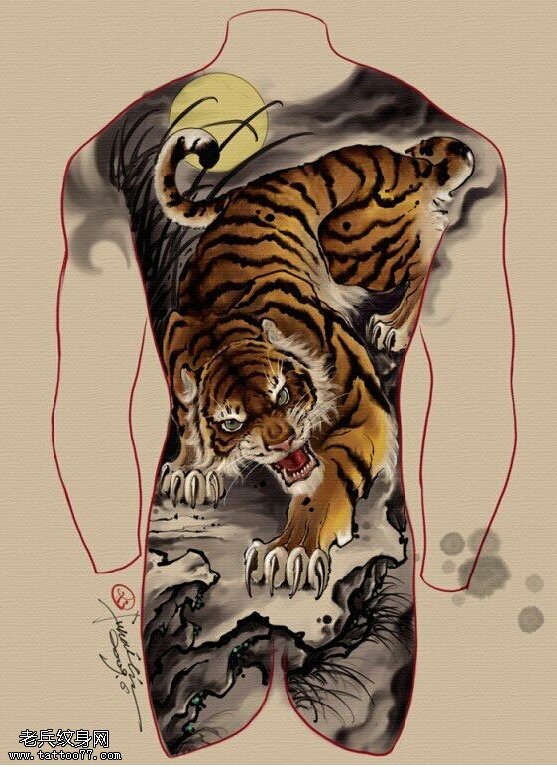 武汉最好的纹身店推荐一款满背彩色老虎纹身图
