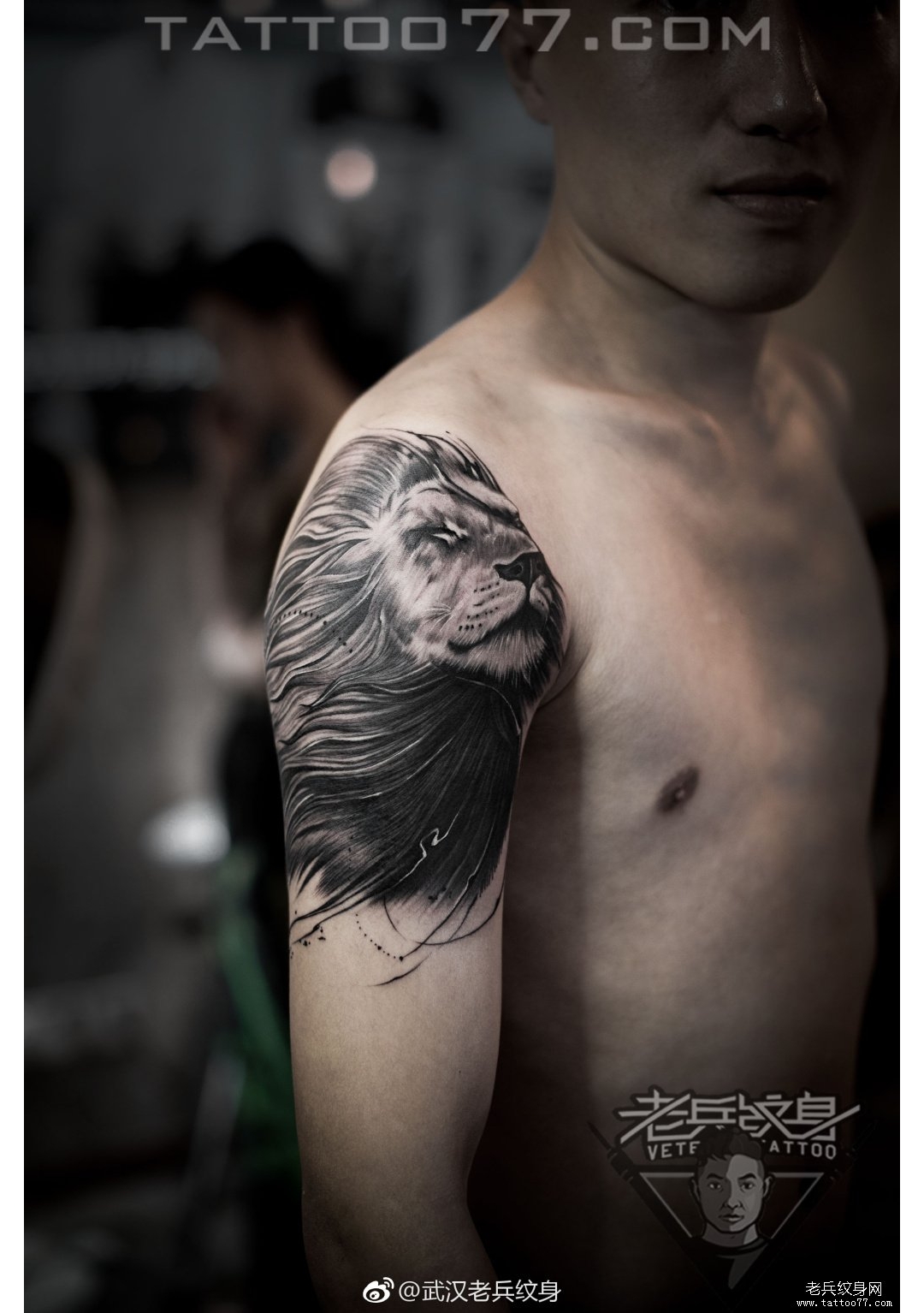 大臂黑色素描写实狮子纹身图案作品