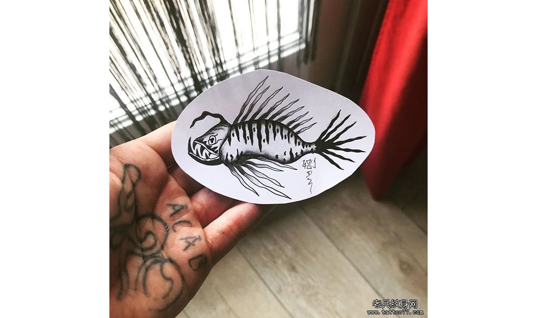 欧美黑灰食人鱼鱼纹身手稿