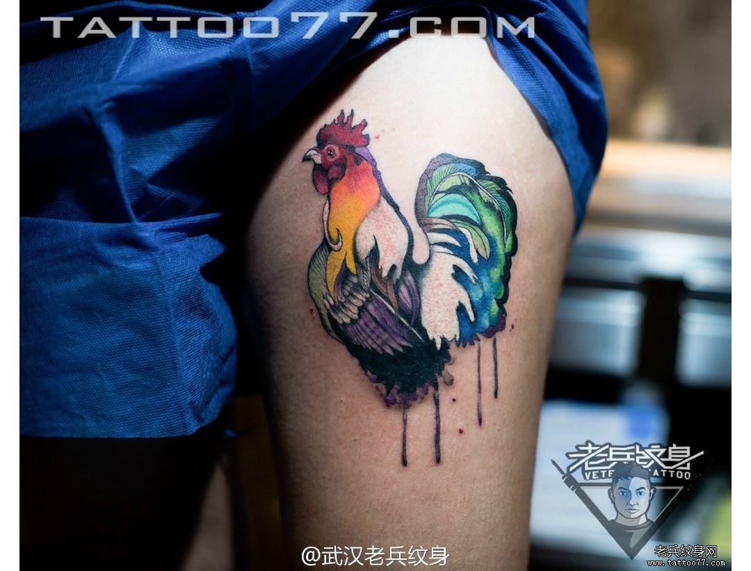 大腿水彩公鸡纹身图案作品