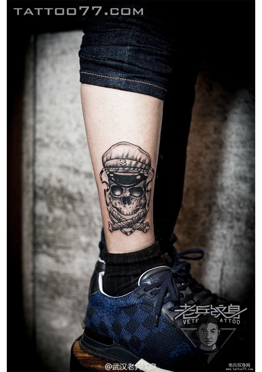 小腿海盗骷髅纹身图案作品