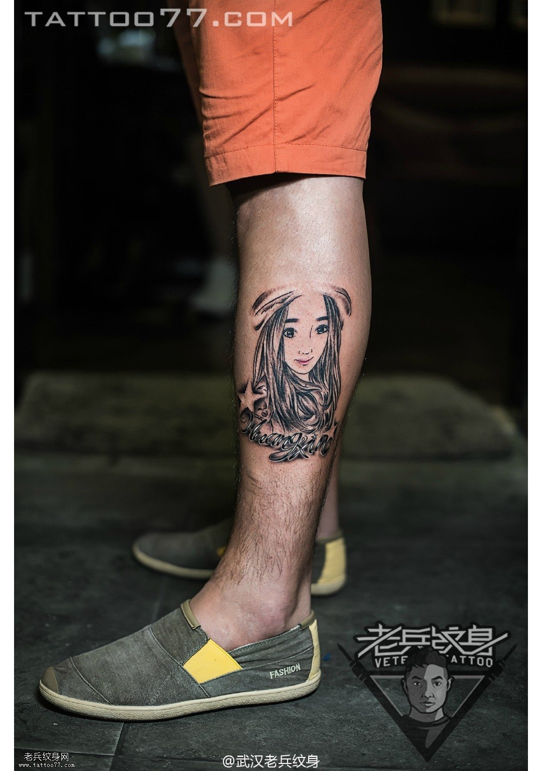 小腿美女卡通肖像纹身图案作品
