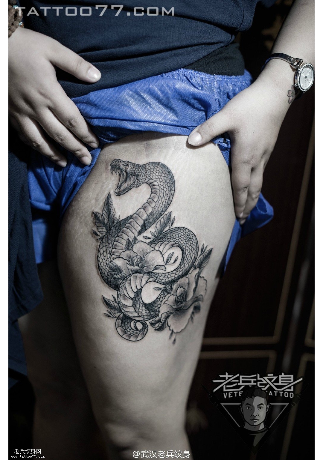 大腿牡丹蛇纹身图案作品