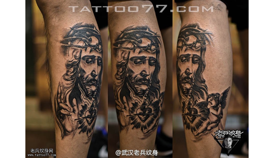 武汉纹身师打造的小腿耶稣纹身图案作品