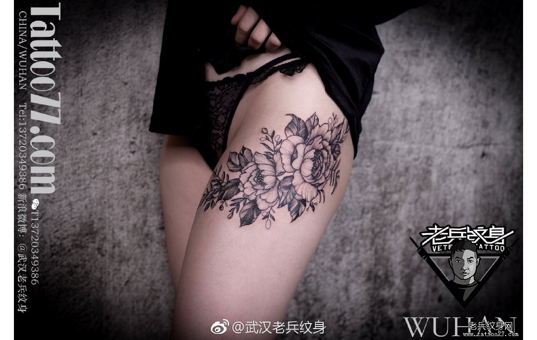 大腿花朵纹身图案