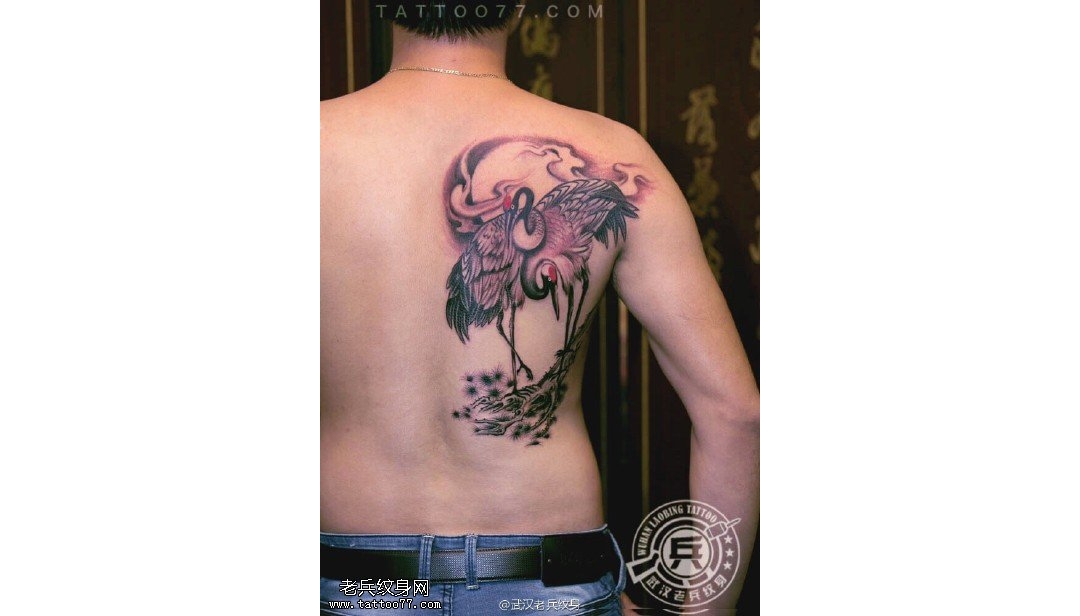 肩背仙鹤纹身作品由武汉最好的纹身师打造
