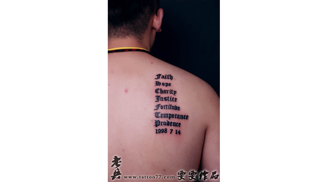 武汉纹身：背部英文文字纹身图案作品