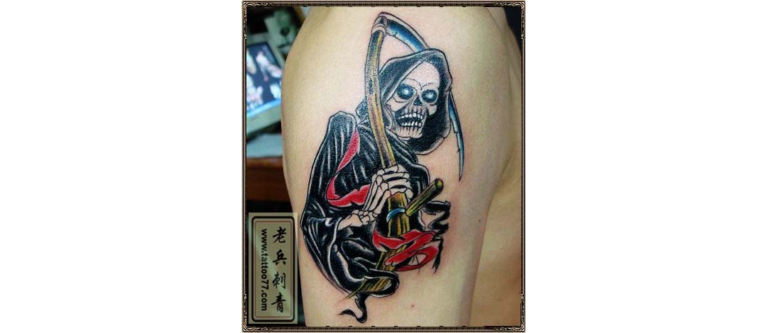 大臂骷髅死神镰刀纹身图案作品