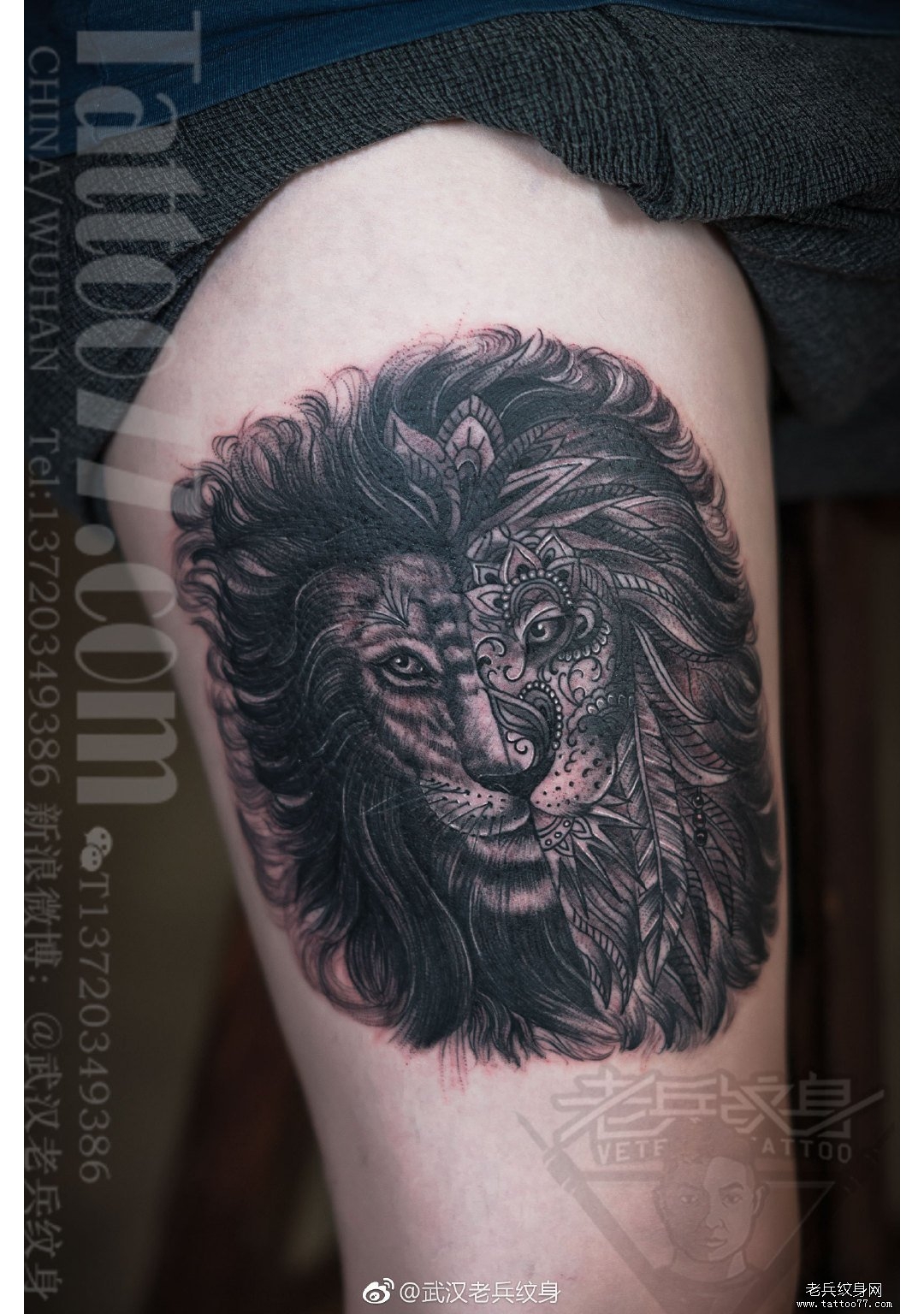 大腿黑灰写实狮子纹身