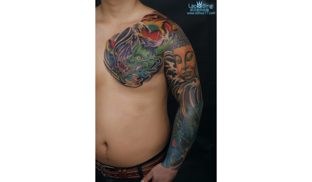 本店为来自温州纹身爱好者打造的花臂半胛般若佛头鳌鱼纹身图案作品 ...