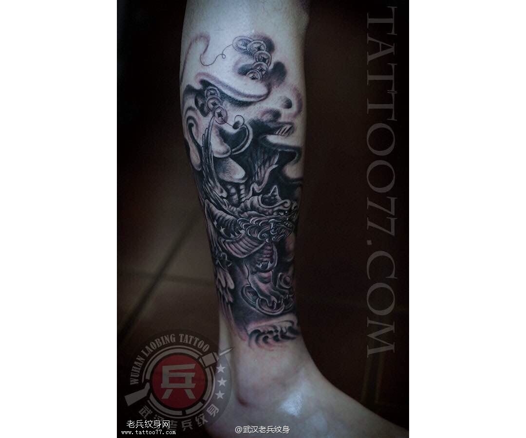 小腿招财貔貅纹身作品由武汉最好的纹身师制作