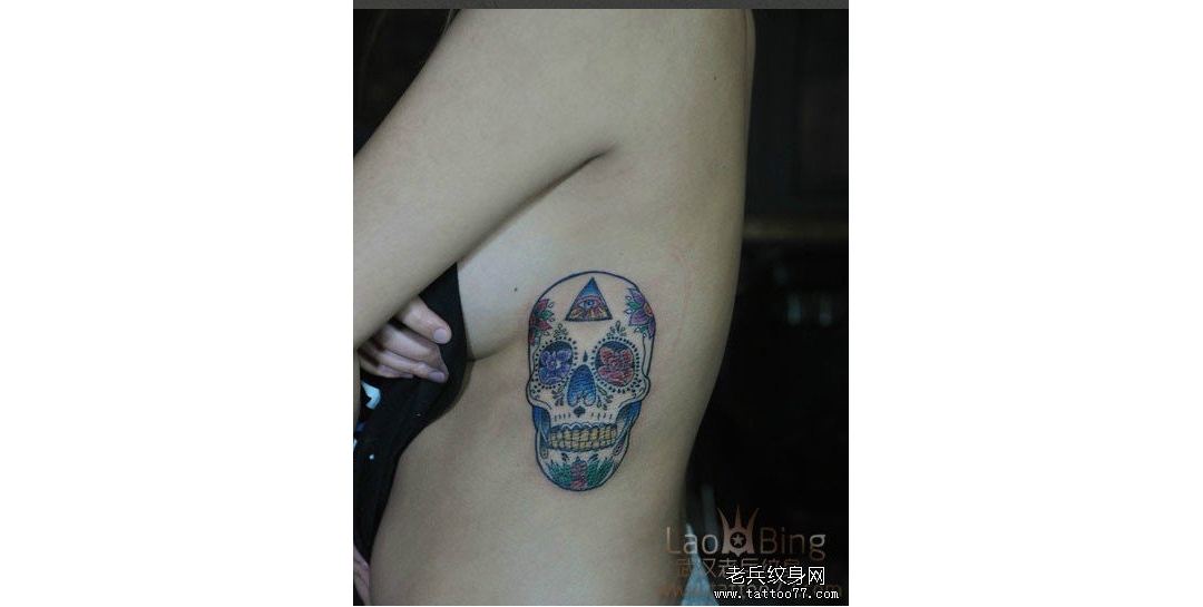 老兵纹身首席纹身师李哲打造的美女腰部school骷髅纹身图案作品 ...