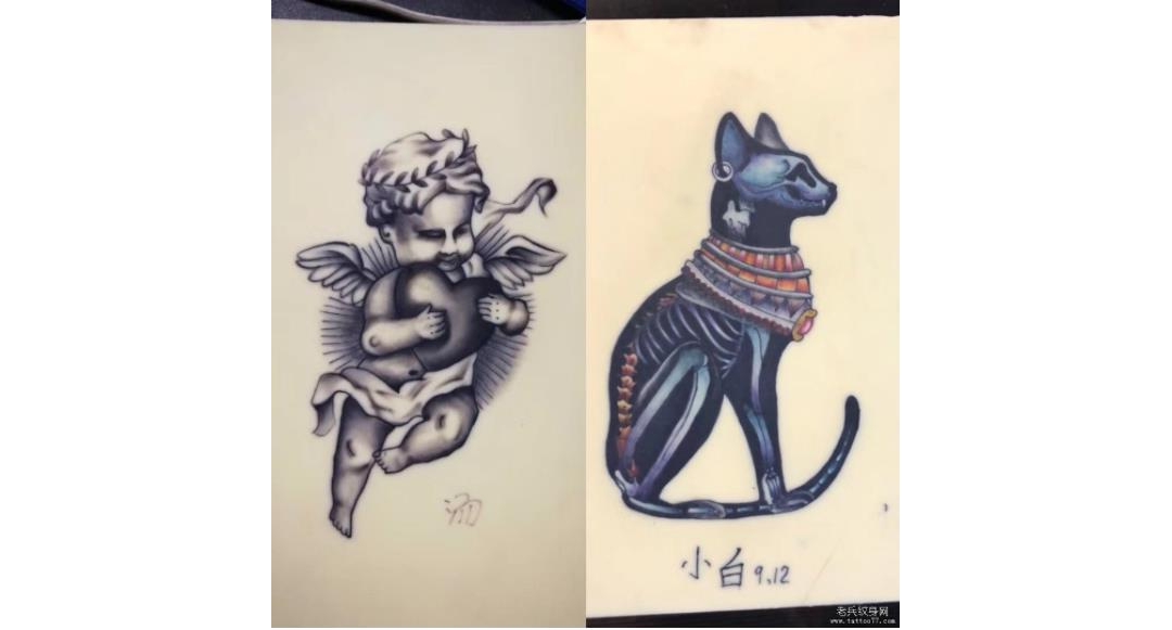 陕西纹身学员零基础练习皮作品黑灰丘比特彩色猫